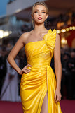 Yellow One Shoulder Satin Ruched Mermaid Long Gala Dress with Slit