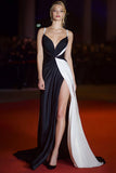 Black White Spaghetti Straps Mermaid Satin Long Gala Dress with Slit