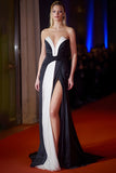 Black White Strapless Mermaid Satin Long Gala Dress with Slit