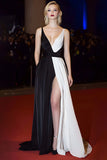 Black White V-Neck A-Line Satin Long Gala Dress