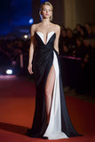 Black White Strapless Satin Ruched Mermaid Long Gala Dress with Slit