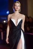 Black White Strapless Satin Ruched Mermaid Long Gala Dress with Slit
