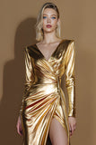 Sparkly Gold V-Neck Metallic A Line Gala Dress with Slit