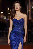 Sparkly Royal Blue Sweetheart Satin Mermaid Long Gala Dress with Beading