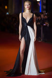 Black White Mermaid Satin Ruched Long Gala Dress with Slit