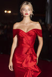 Red Off the Shoulder Satin Mermaid Long Gala Dress with Ruffles