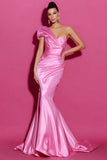 One Shoulder Hot Pink Mermaid Pageant Dress