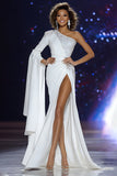 Sparkly One Shoulder White Mermaid Pageant Dress