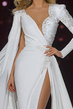 White Mermaid Long Sleeve Pageant Dress with Sash
