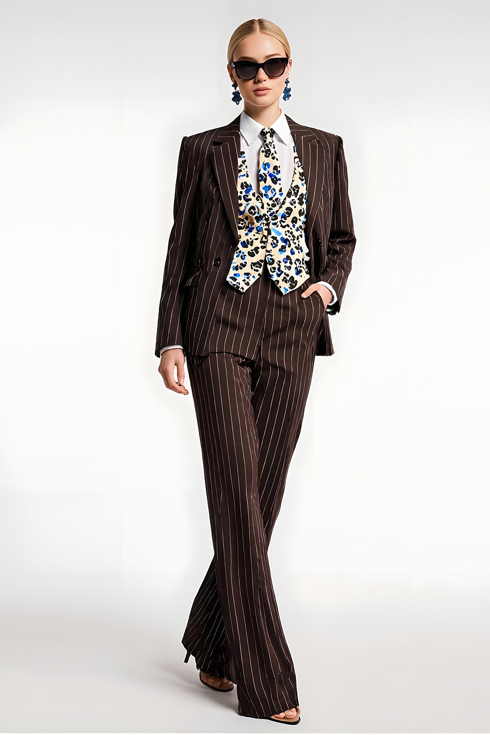 Coffee Pinstriped 2 Piece Notched Lapel Business Suits