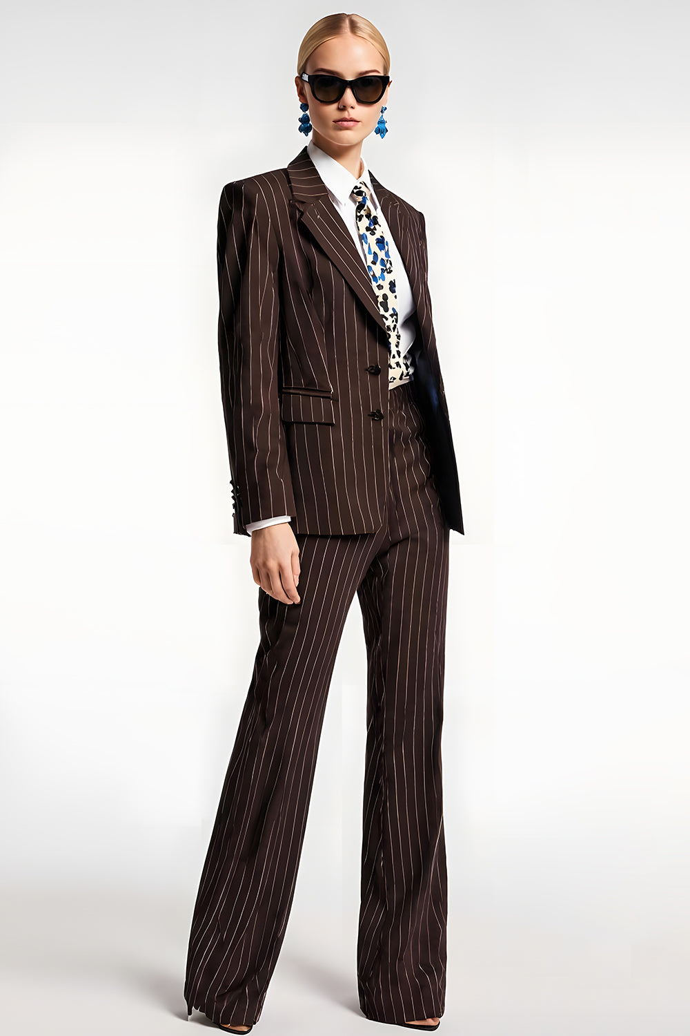 Coffee Pinstriped 2 Piece Notched Lapel Business Suits
