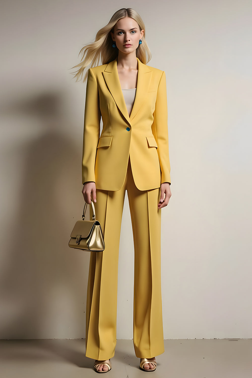 Yellow 2 Piece Peak Lapel One Button Business Suits