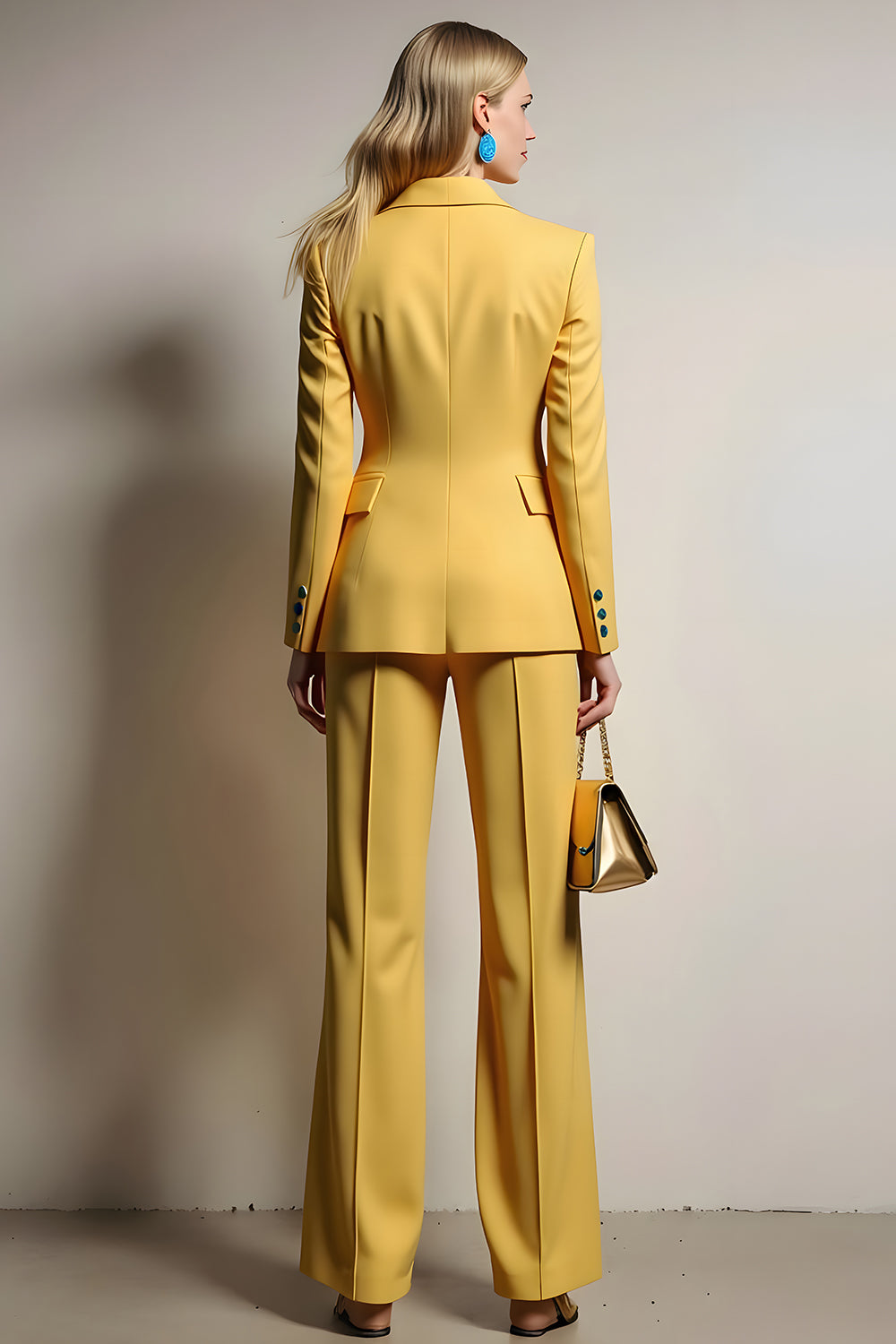 Yellow 2 Piece Peak Lapel One Button Business Suits