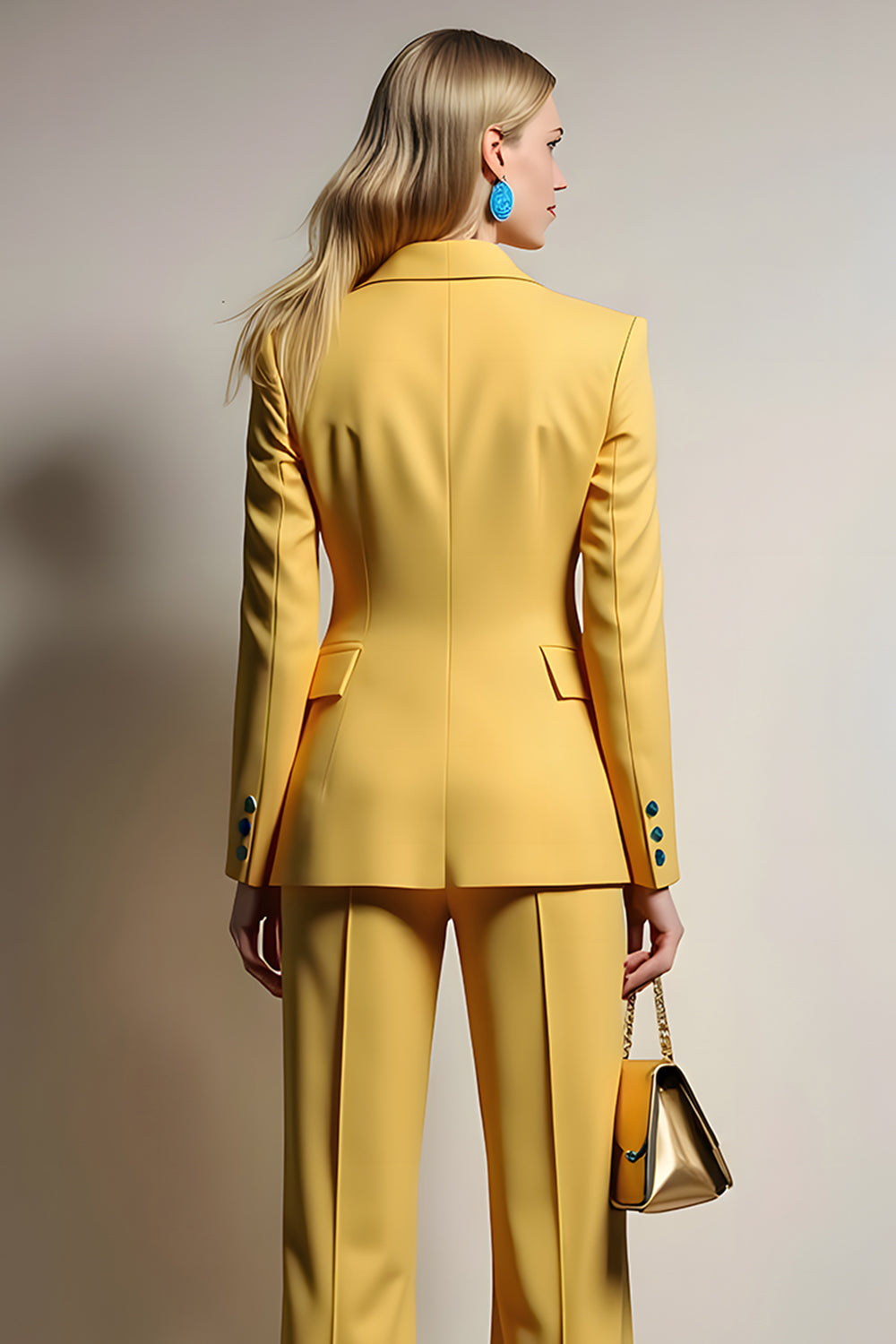 Yellow 2 Piece Peak Lapel One Button Business Suits