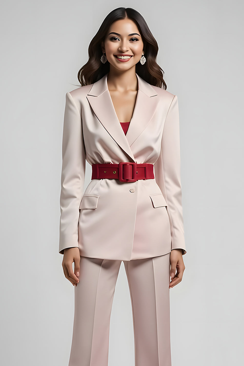 Blush 2 Piece Peak Lapel Single Breasted Business Suits with Belt