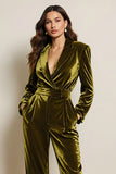 Green Velvet Peak Lapel Long Sleeves Jumpsuits