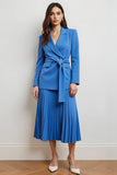 Blue Peak Lapel Pleated A Line Women Suits with Belt
