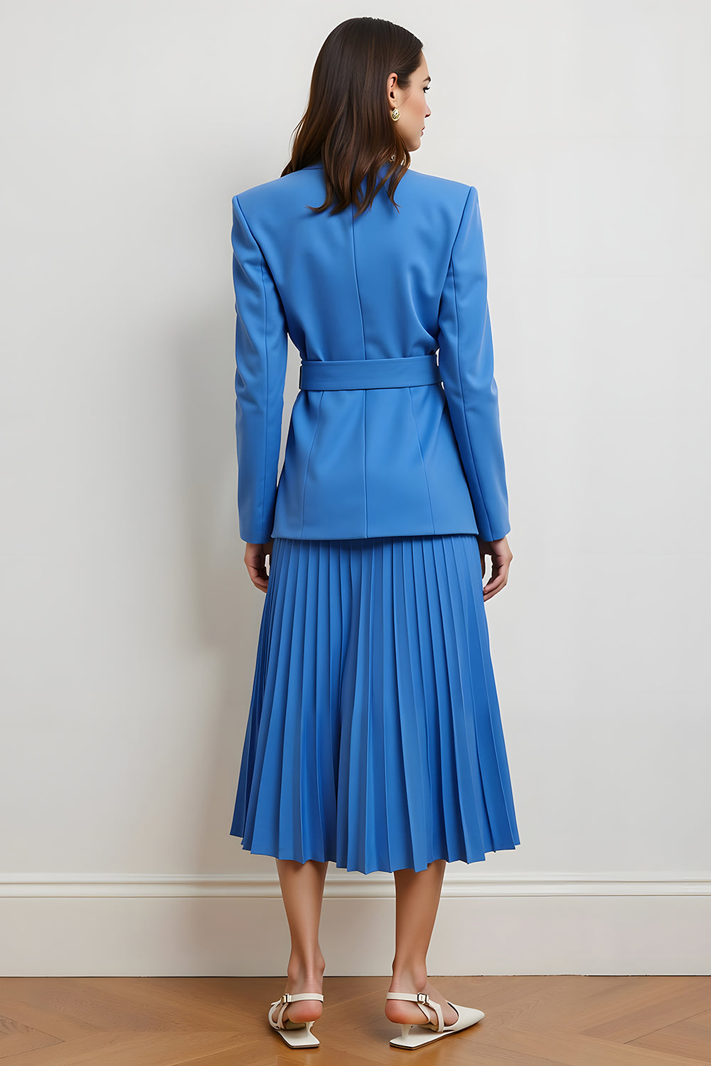 Blue Peak Lapel Pleated A Line Women Suits with Belt