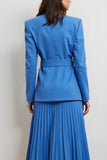 Blue Peak Lapel Pleated A Line Women Suits with Belt