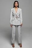 Grey Notched Lapel Belt 2 Piece Women Suits with Sleeve
