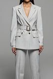 Grey Notched Lapel Belt 2 Piece Women Suits with Sleeve