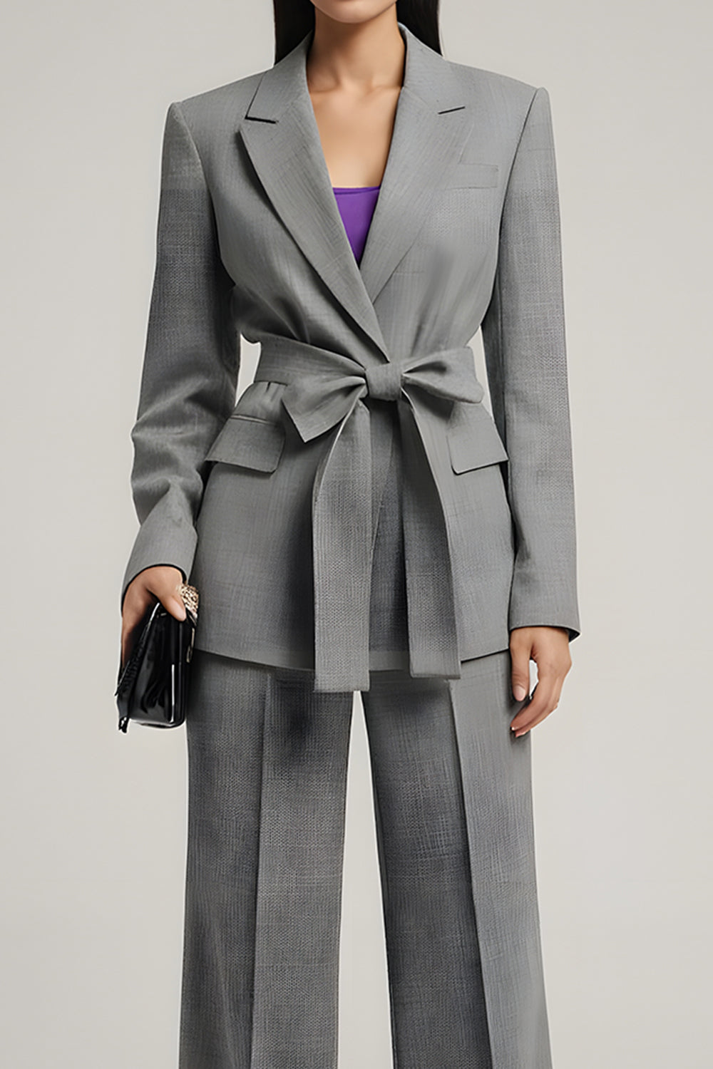 Grey Peak Lapel 2 Piece Women Suits with Bowknot