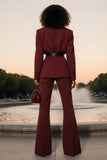 Burgundy Notched Lapel 2 Piece Women Suits with Belt