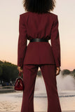 Burgundy Notched Lapel 2 Piece Women Suits with Belt