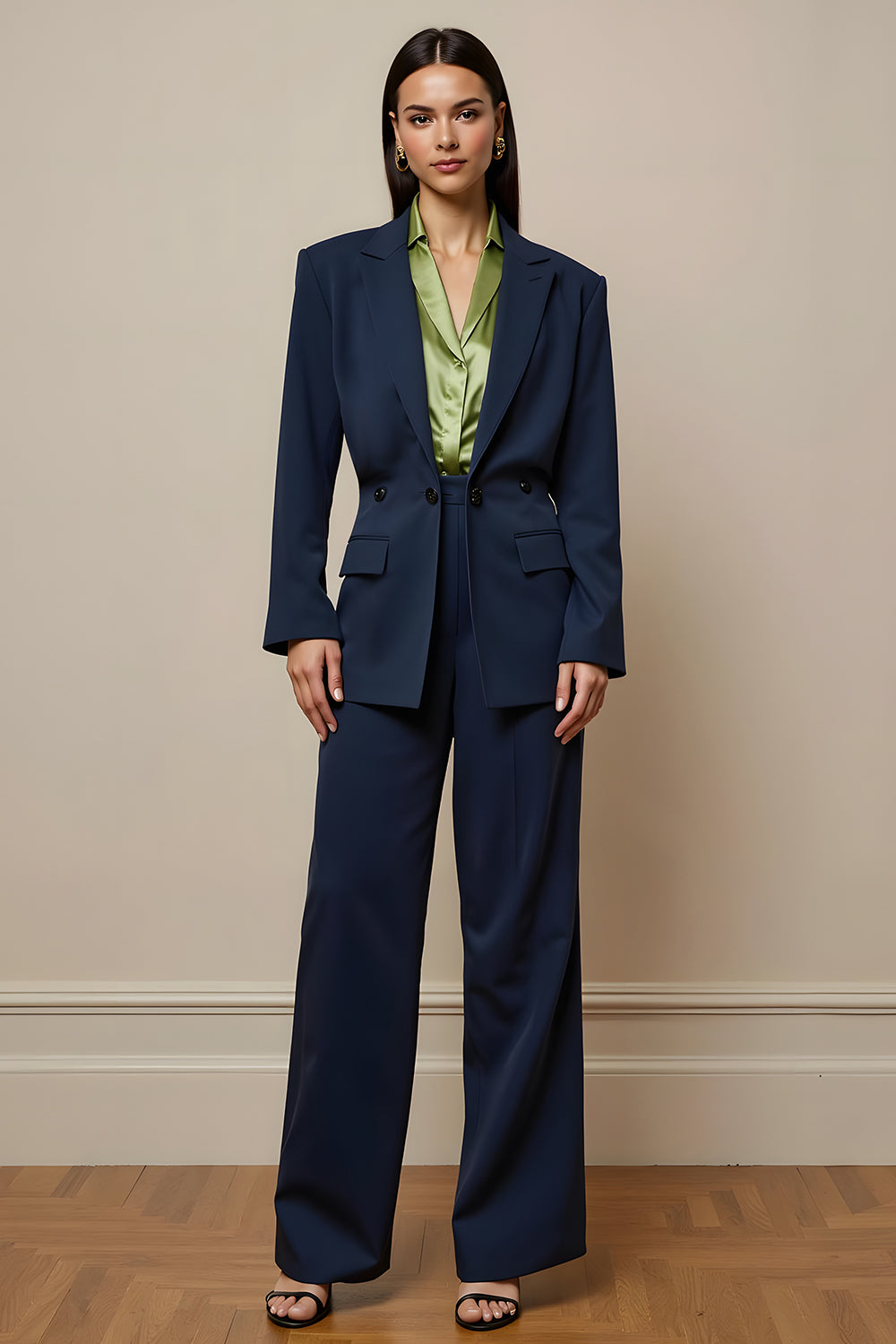 Navy Notched Lapel 2 Piece Women Suits with Pocket