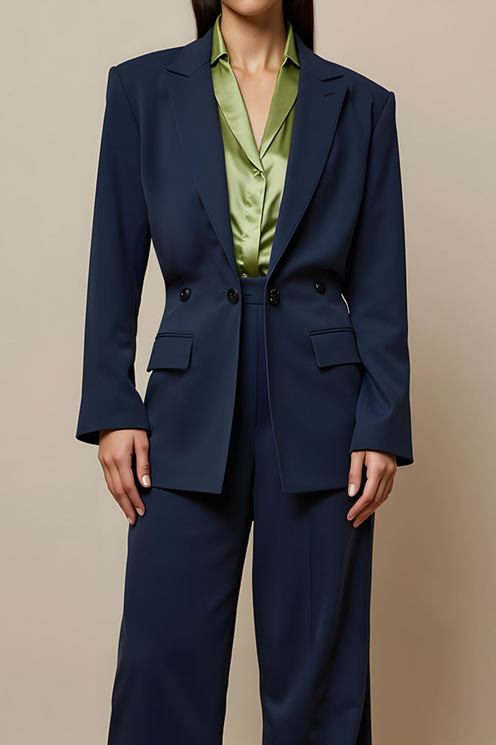 Navy Notched Lapel 2 Piece Women Suits with Pocket