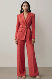 Red Notched Lapel 2 Piece Women Suits with Belt