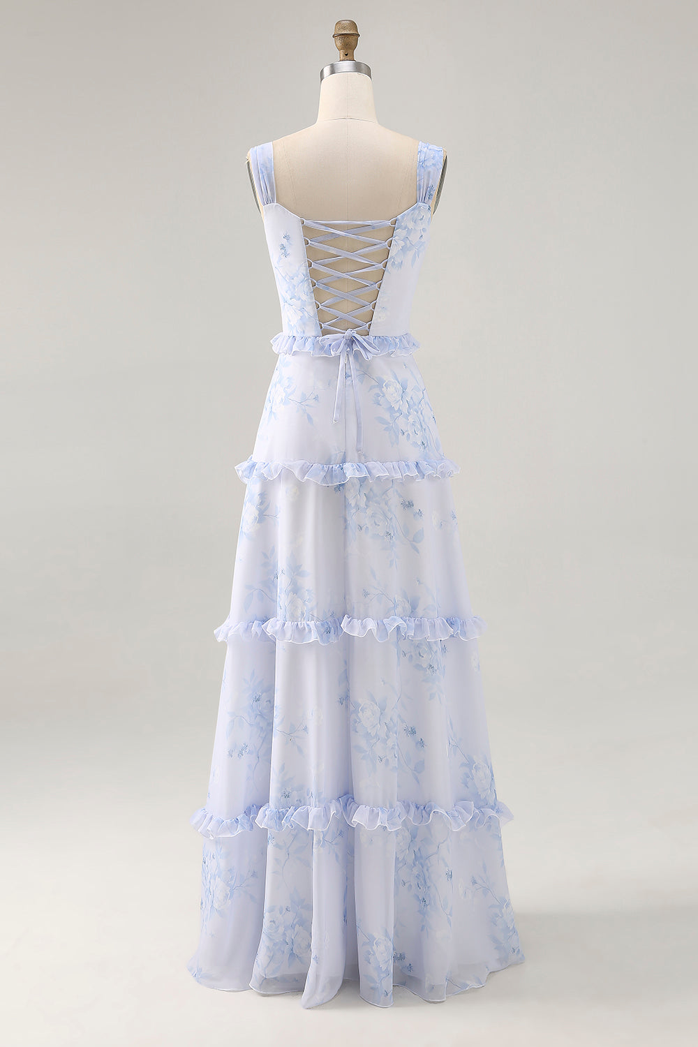 Blue Floral Ruffled A Line Corset Long Wedding Guest Dress