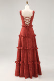 Floral Terracotta Ruffled A Line Long Wedding Guest Dress