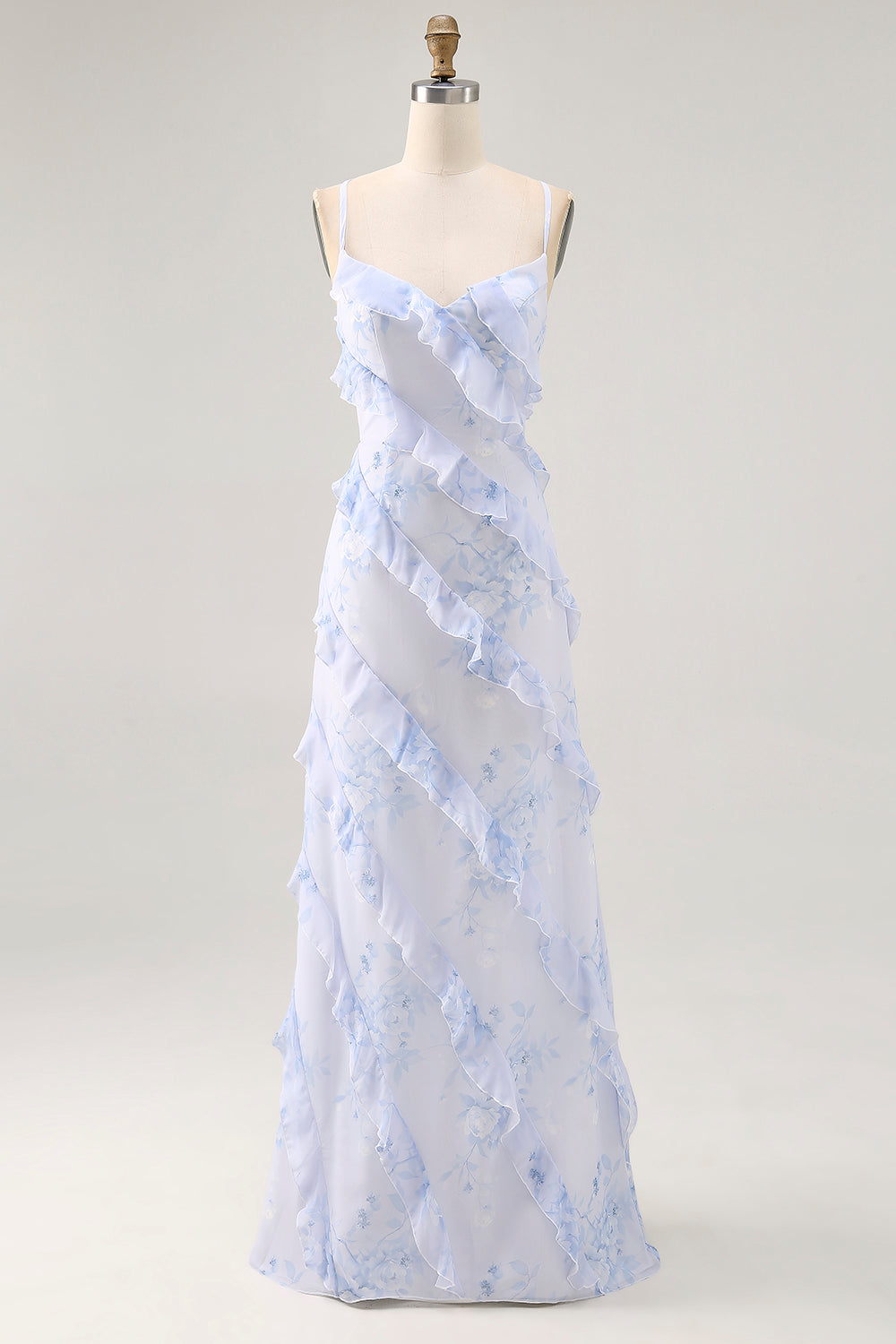 Blue Floral Ruffled Sheath Printed Wedding Guest Dress
