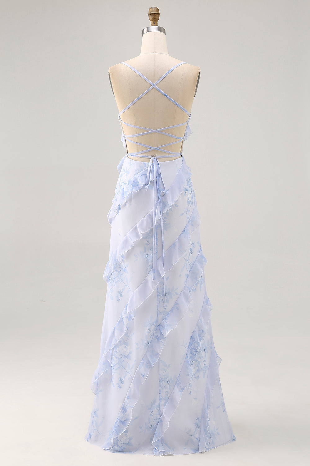 Blue Floral Ruffled Sheath Printed Wedding Guest Dress