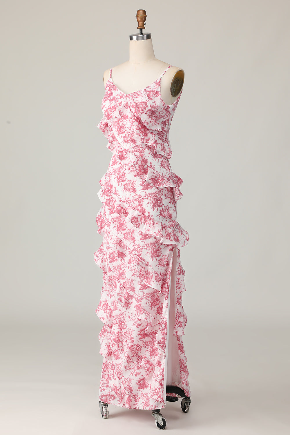 Blush Flower Sheath Spaghetti Straps Ruffled Long Wedding Guest Dress with Slit