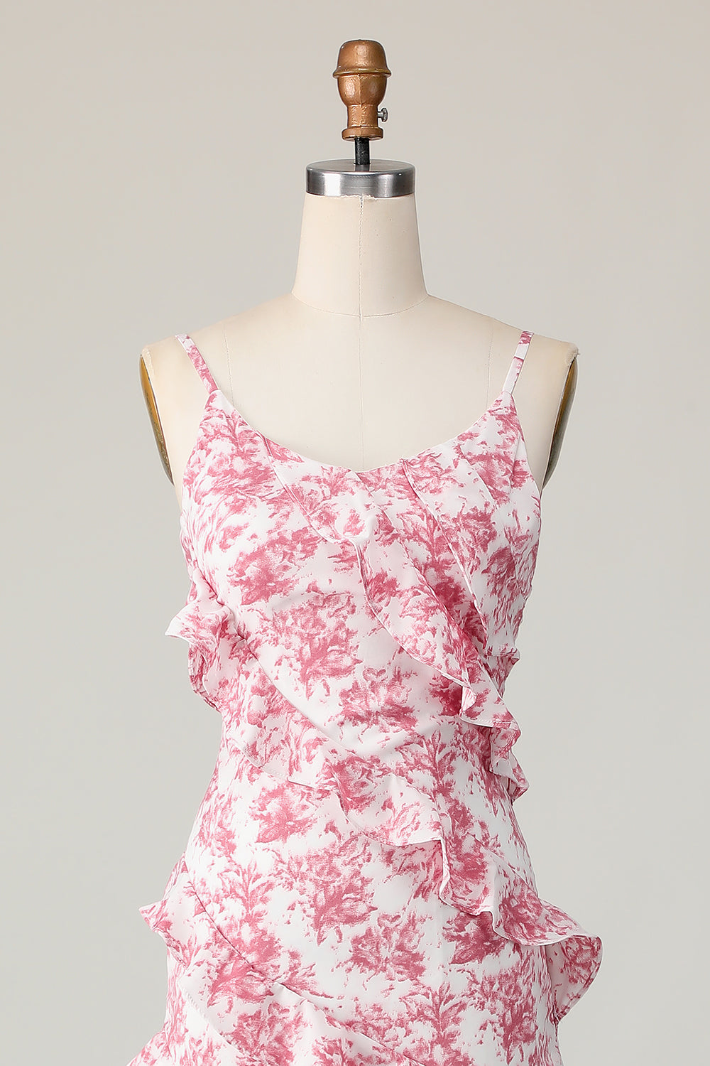 Blush Flower Sheath Spaghetti Straps Ruffled Long Wedding Guest Dress with Slit