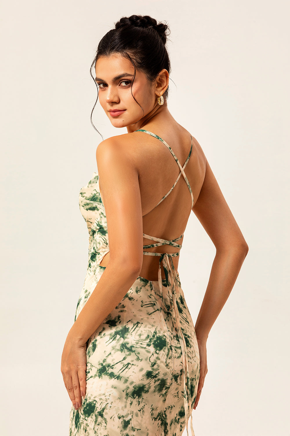 Champagne Floral Mermaid Printed Bridesmaid Dress with Slit