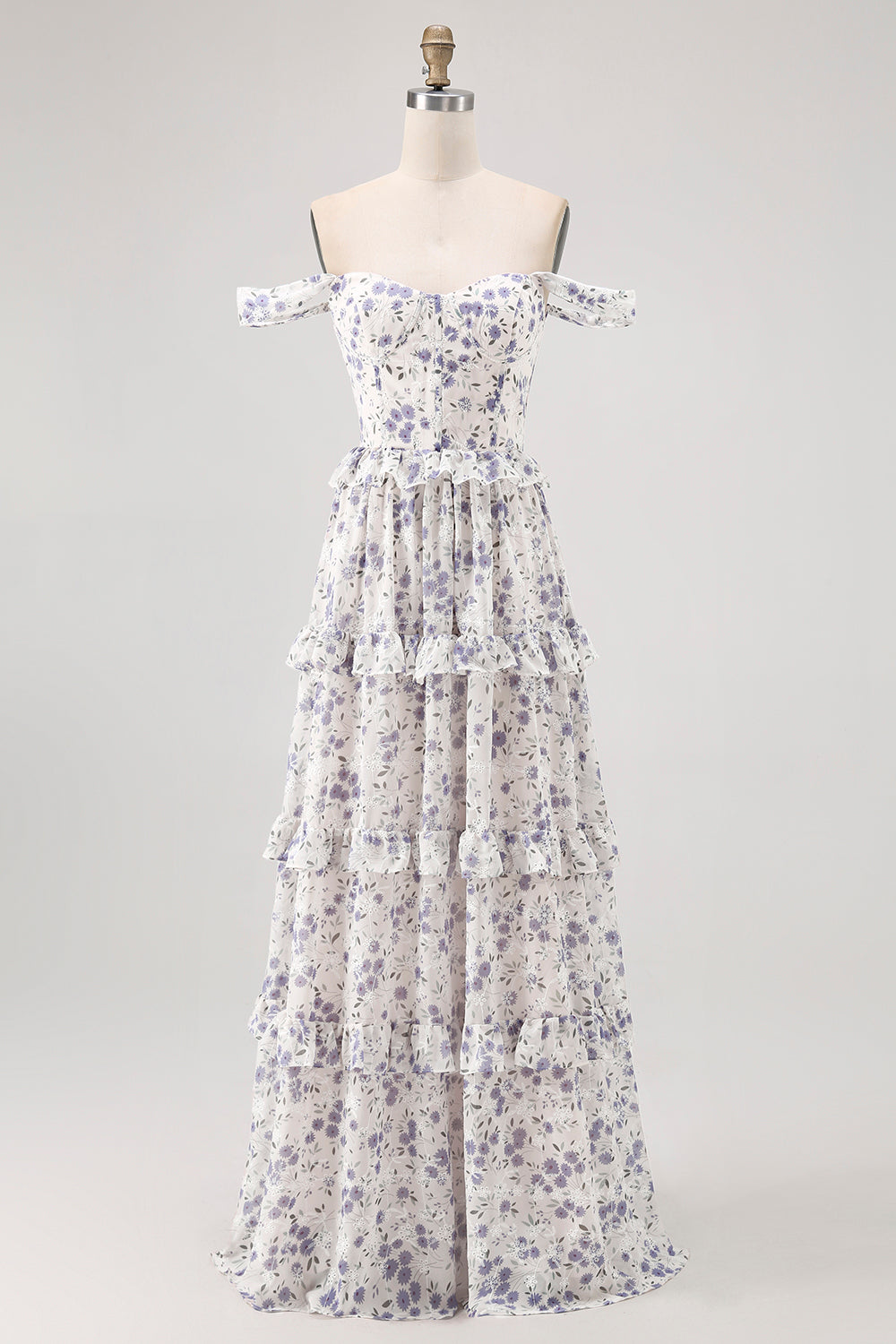 Purple Floral Off The Shoulder A Line Bridesmaid Dress with Lace Up Back