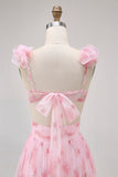 Blush Floral Printed A Line Tulle Long Bridesmaid Dress with Ruffles
