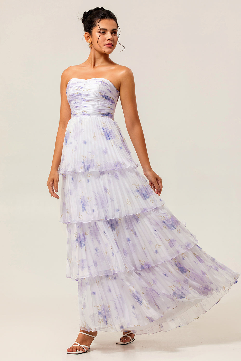 Strapless Lavender Floral A Line Tiered Pleated Bridesmaid Dress