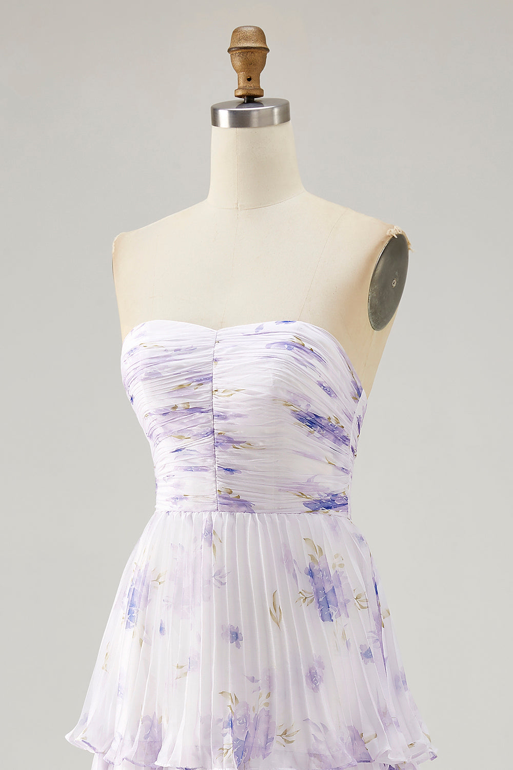 Tiered Lavender Flower A Line Strapless Pleated Bridesmaid Dress