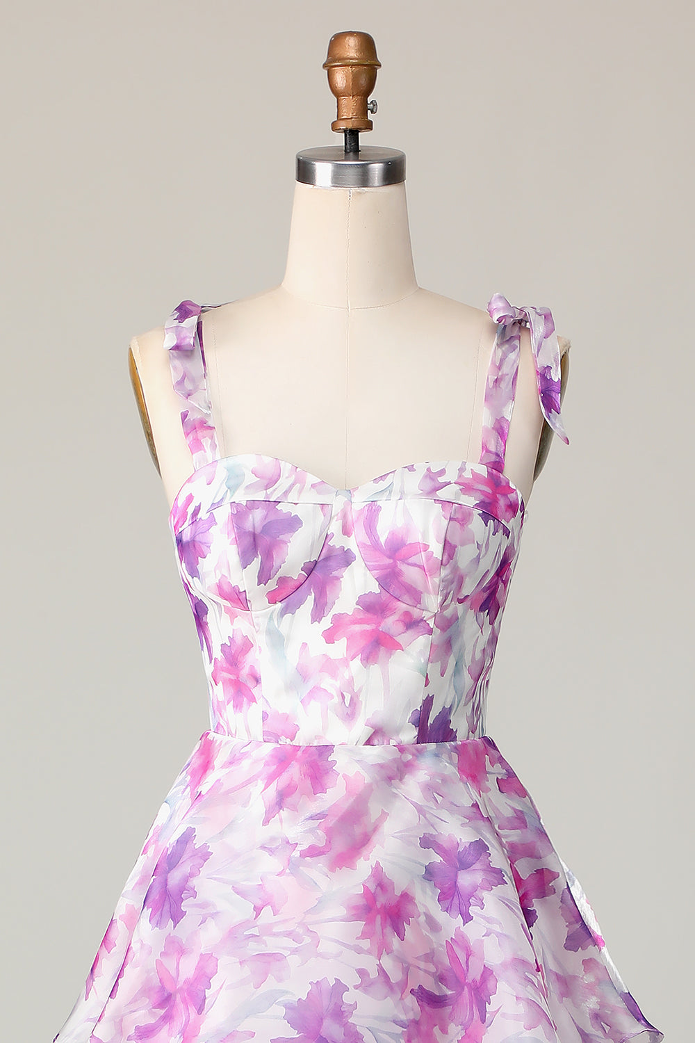 Purple Flower A Line Tiered Long Wedding Guest Dress with Straps Bows