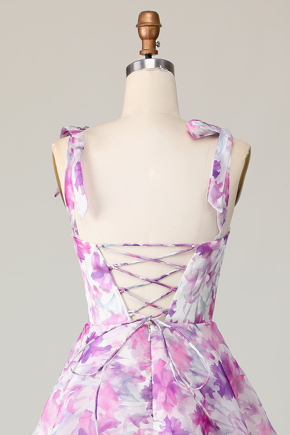 Purple Flower A Line Tiered Long Wedding Guest Dress with Straps Bows
