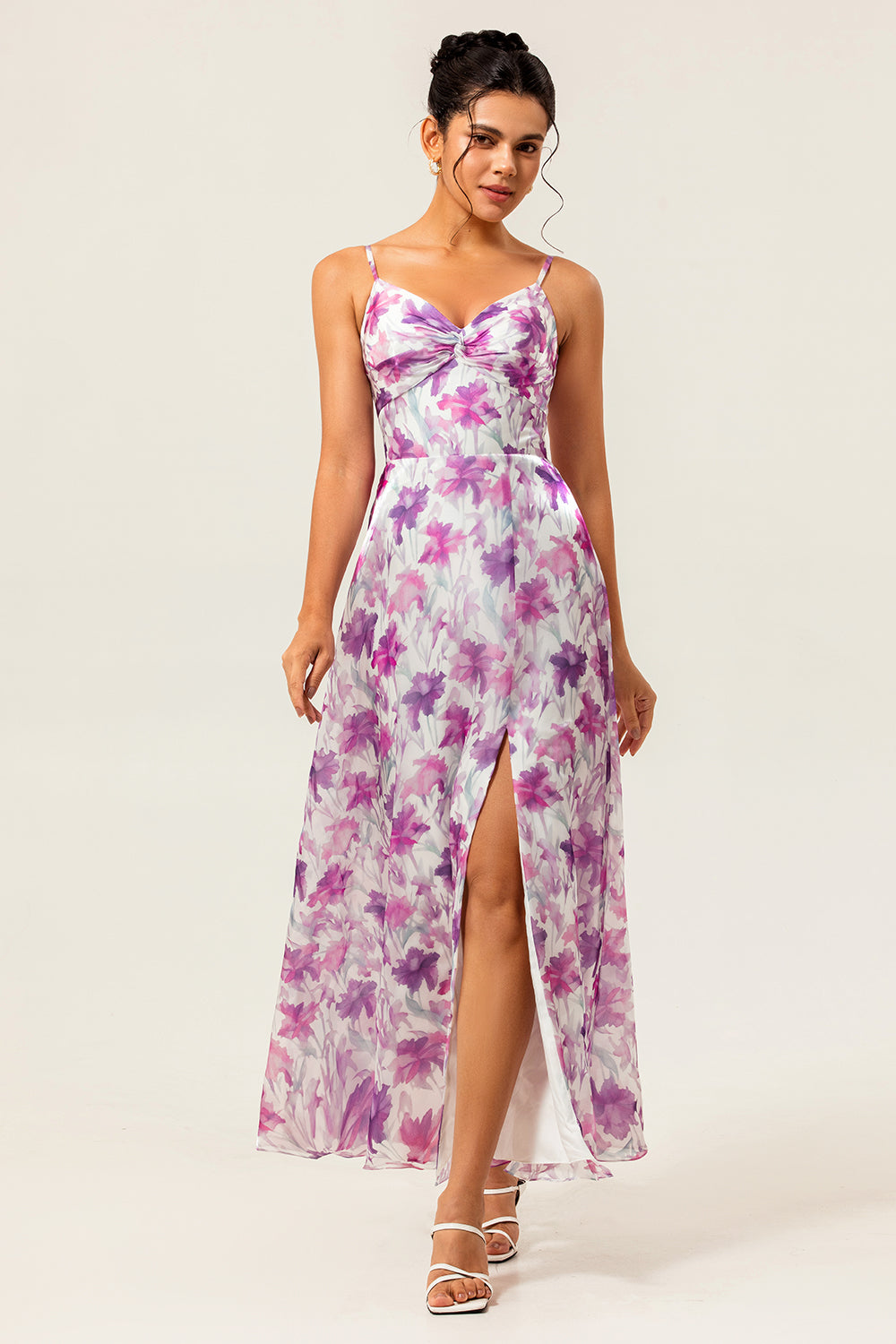 Purple Floral Printed Spaghetti Straps A Line Wedding Guest Dress
