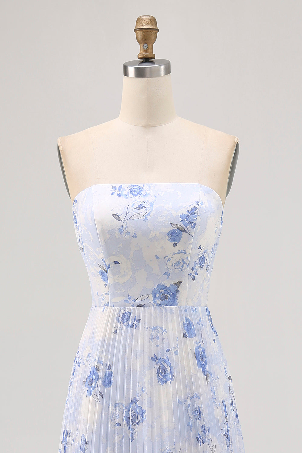 Blue Floral A Line Strapless Pleated Long Bridesmaid Dress