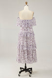 Off The Shoulder Purple Flower Printed A Line Wedding Guest Dress