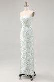 Strapless Printed White Blue Flower Sheath Bridesmaid Dress