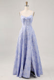 Blue A-Line Brocade Corset Long Prom Dress with Slit