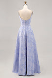 Blue A-Line Brocade Corset Long Prom Dress with Slit